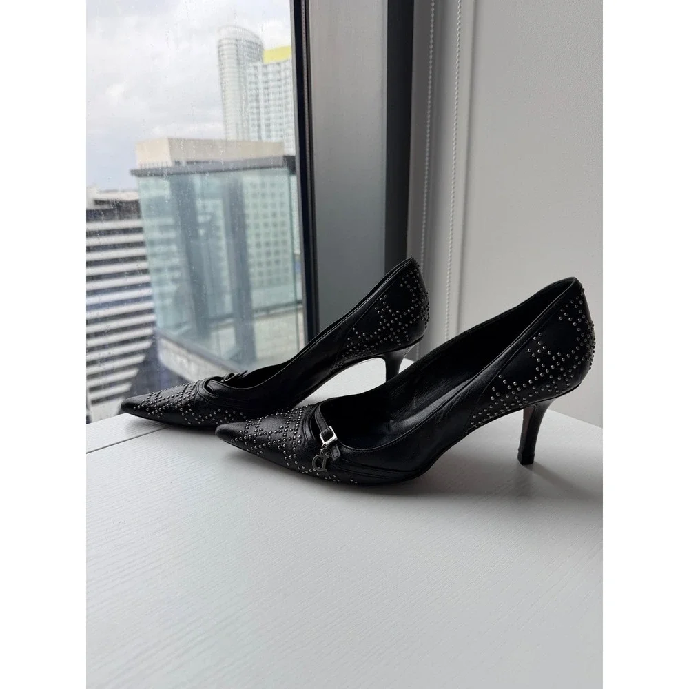 Christian Dior Black Leather Studded Pointed Toe Pumps Charm Heels Size 38